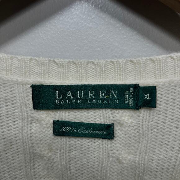 VTG Lauren Ralph Lauren Sweater Cream Cashmere V Neck Cable Knit Old Money XL - Picture 6 of 7